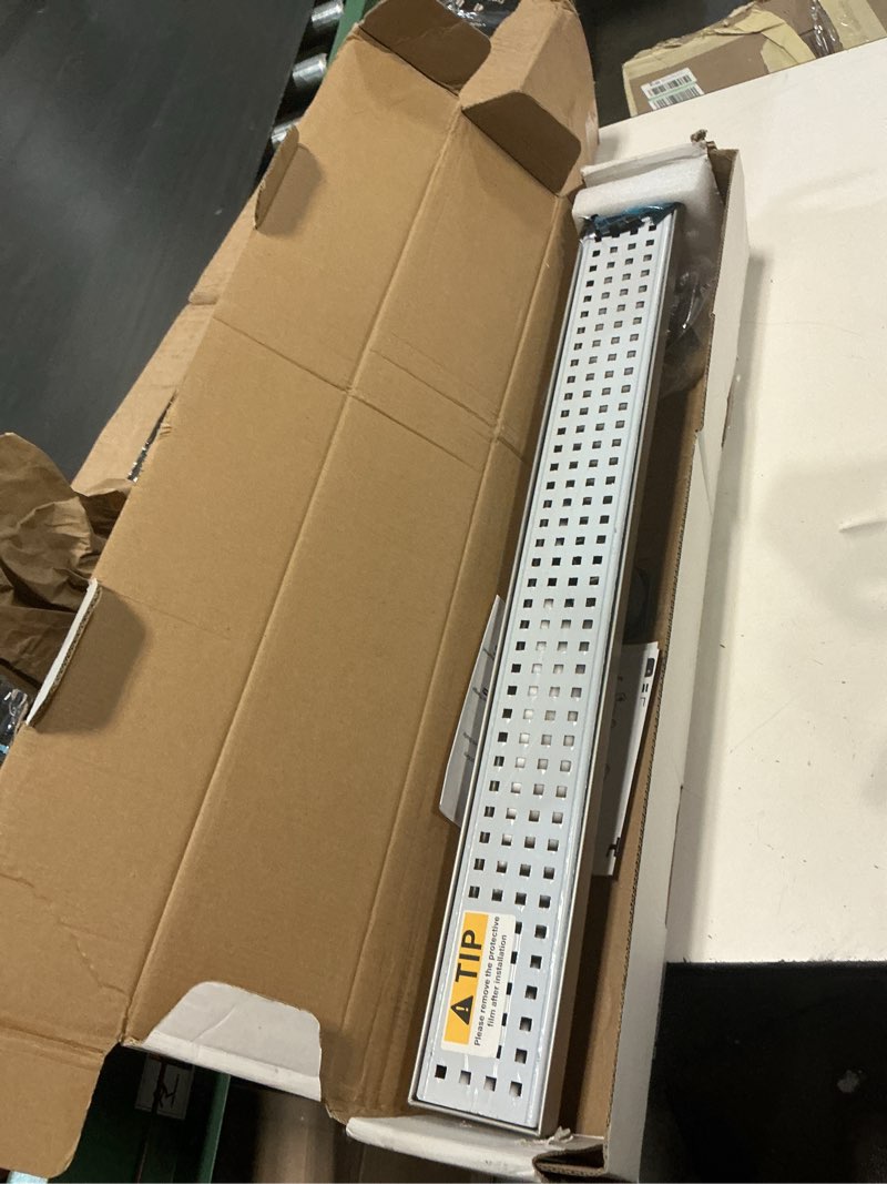 Condition photo showing New/Like New for shower drain, linear shower drain 24 inch(brushed nickel),modern 304 stainless steel shower floor drain with grate removable, adjustable leveling feet, rectangular shower drain brushed nickel 24in