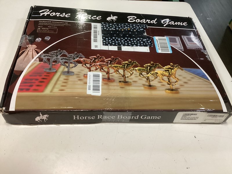 Condition photo showing New/Like New for large 21 inches horse race board game thickened wood finish line horse racing game for friend's party included 11 metal horses,2 dices and 2 decks of cards?oval,vintage flame? vintage flame-yd