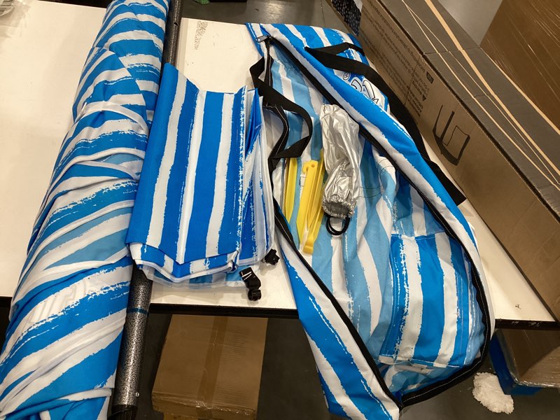 Condition photo showing As Is for beach cabana - easy to set up canopy, waterproof, portable 6' x 6' beach shelter, included side wall, shade with upf 50+ uv protection, ultimate sun umbrella - for kids, family & friends blue stripes with changing room ( no sand bags)