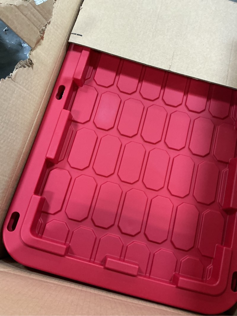 Condition photo showing Good Condition for hyper tough 27 gallon large storage bin with snap lid, black and red, heavy duty plastic storage container