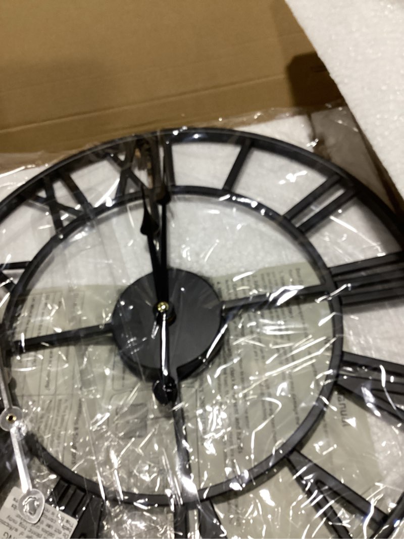Condition photo showing As Is for leike 16" large wall clocks battery operated, round modern silent non-ticking black metal wall clock for living room decor, bedroom kitchen (40cm diameter, black roman number) 16 inch black-roman number