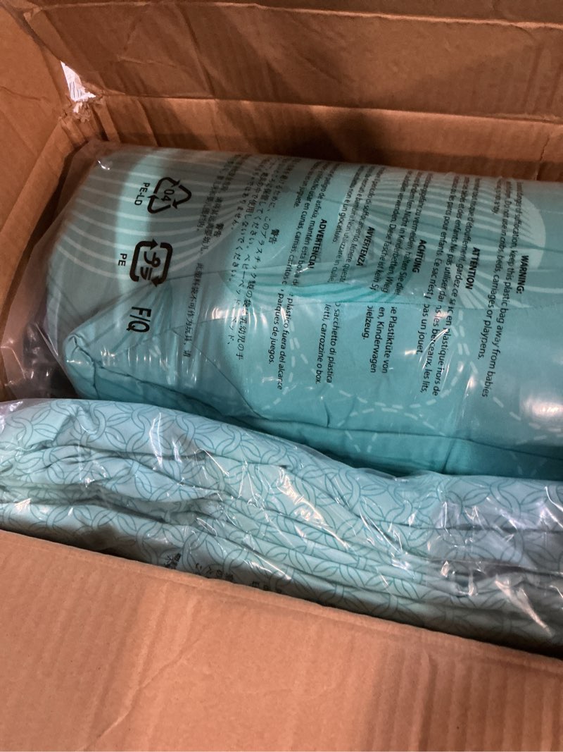 Condition photo showing New/Like New for amazon basics full/queen comforter set with geometric sheets, 7-piece industrial teal bedding, lightweight microfiber bed-in-a-bag 1-pack full/queen industrial teal