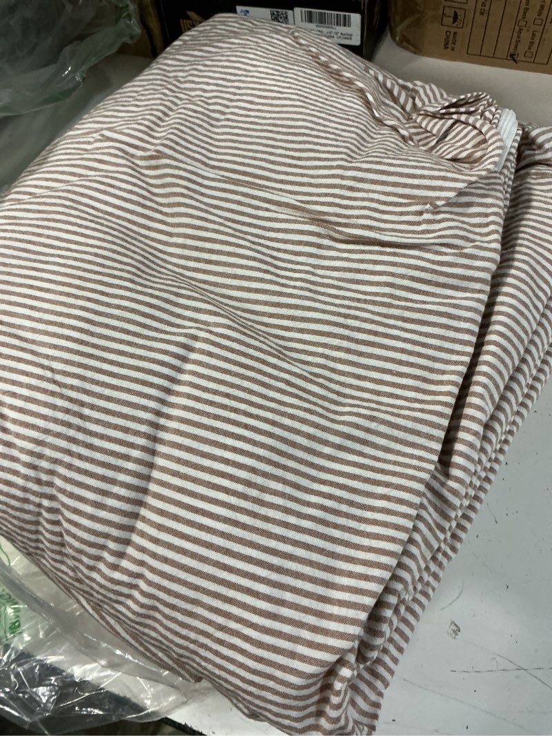 Condition photo showing Good Condition for moomee striped duvet cover set 100% washed cotton linen like king | relaxed linen-like texture. soft, breathable & long-lasting comfort. lightweight. hidden zipper with 8 interior corner ties pinstripes - orange (no comforter) king (104"x90")