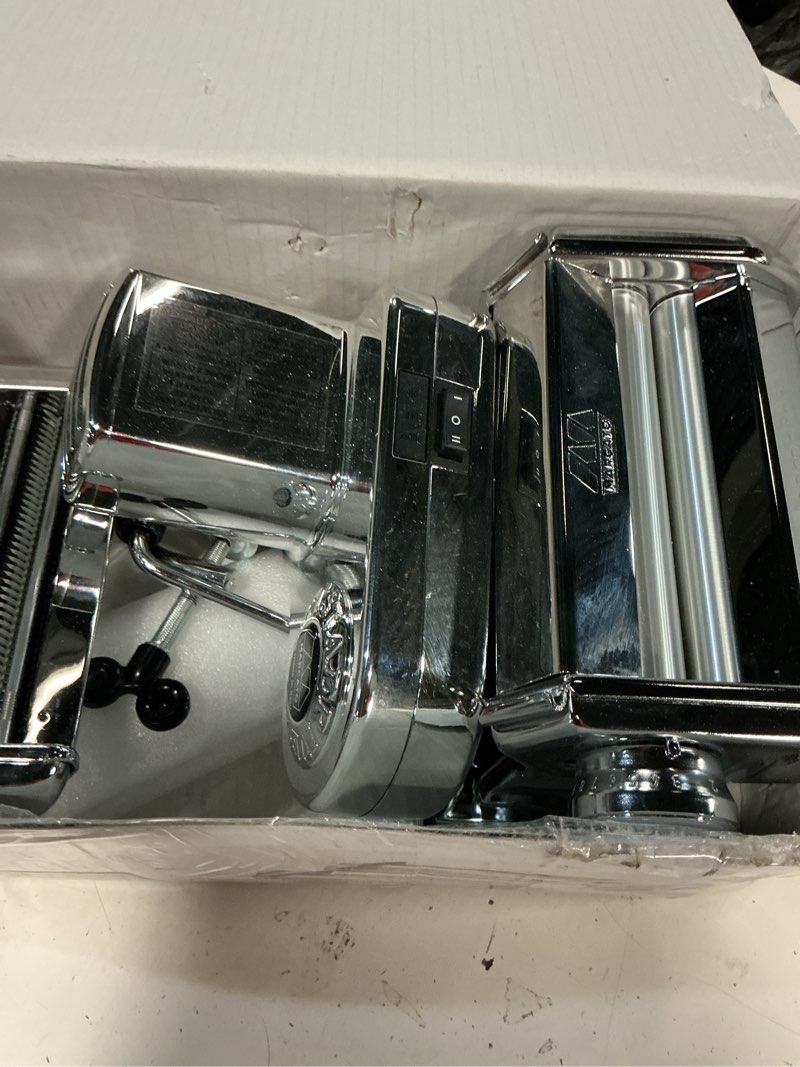 Condition photo showing Good Condition for marcato made in italy atlasmotor 110v electric pasta machine, chrome steel. set includes atlas 150, handcrank, clamp, pastadrive motor, and instruction manual 21 x 34 x 18 cm traditional