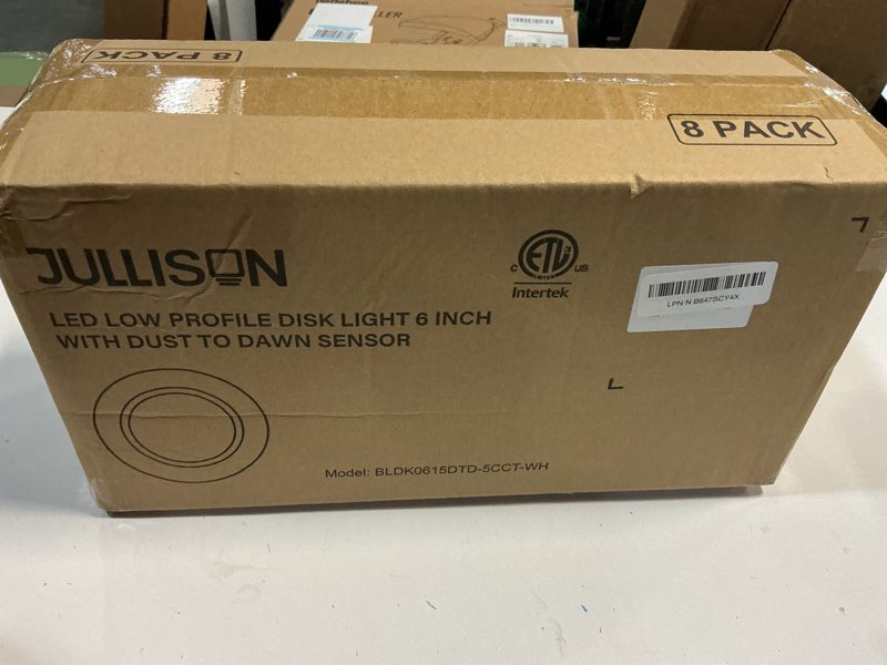Condition photo showing New/Like New for 6 Inch LED Low Profile Disk Light with Dust to Dawn Sensor, 120VAC, 15W, 5CCT Color Changing, 1000LM, Non-Dimmable, ETL, Shower Rated Screw in Photocell Ceiling Light, White/8 Packs With Dust to Dawn Sensor 6inch