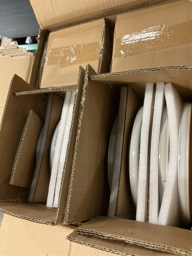 Condition photo showing Good Condition for e-far stoneware dinnerware sets for 2, 6 pieces reactive glaze plates and bowls sets, elegant dishes with rustic terracotta base, dishwasher & microwave safe, scratch resistant, glacier white glacier white service for 2