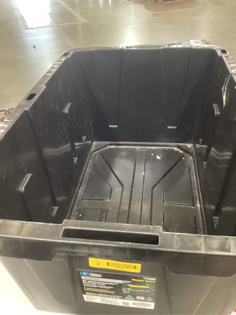 Condition photo showing As Is for project source commander large 27-gallon s (108-quart) black heavy duty tote with standard no snap lid