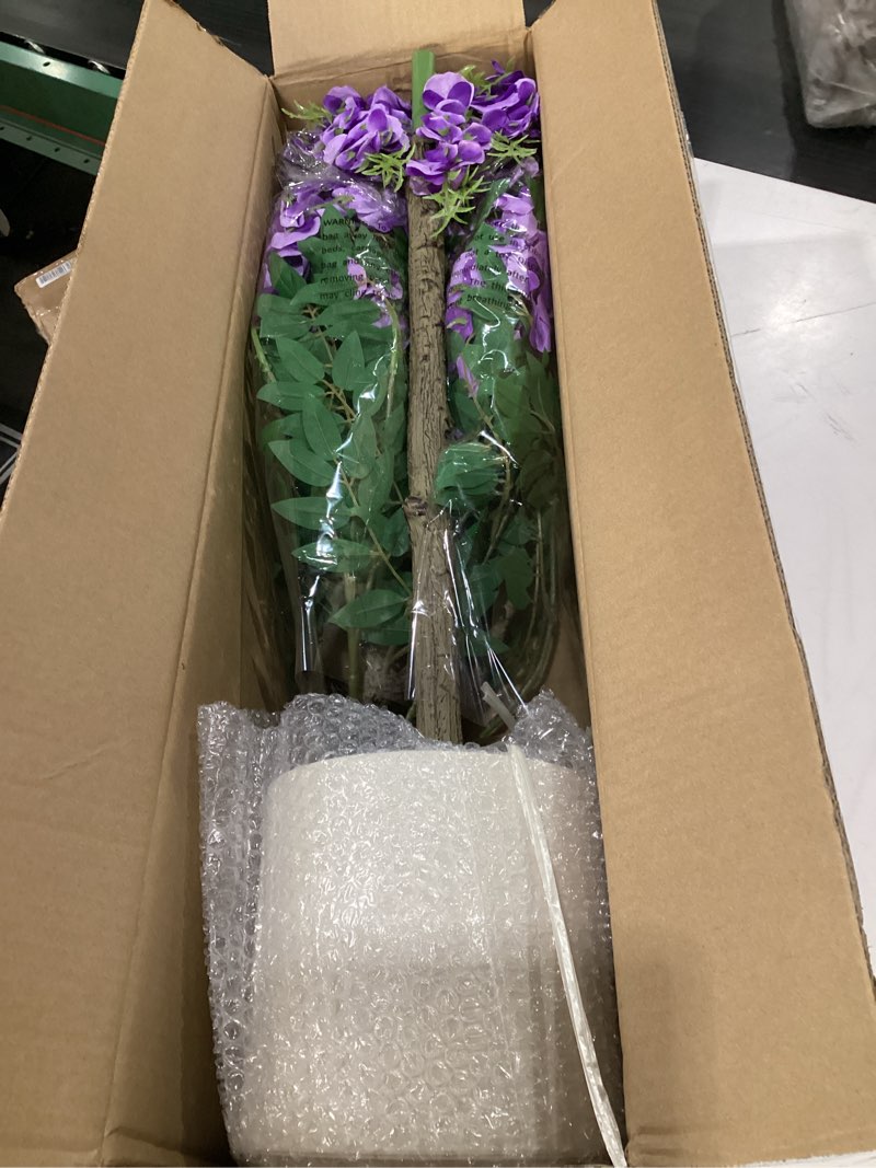Condition photo showing Good Condition for 4FT Artificial Wisteria Tree in Pot, Faux Potted Floor Plant with Cascading Flowers, Realistic Fake Tree in Cream White Planter for Home Indoor Living Room Corner, Bedroom & Wedding Decor, Purple