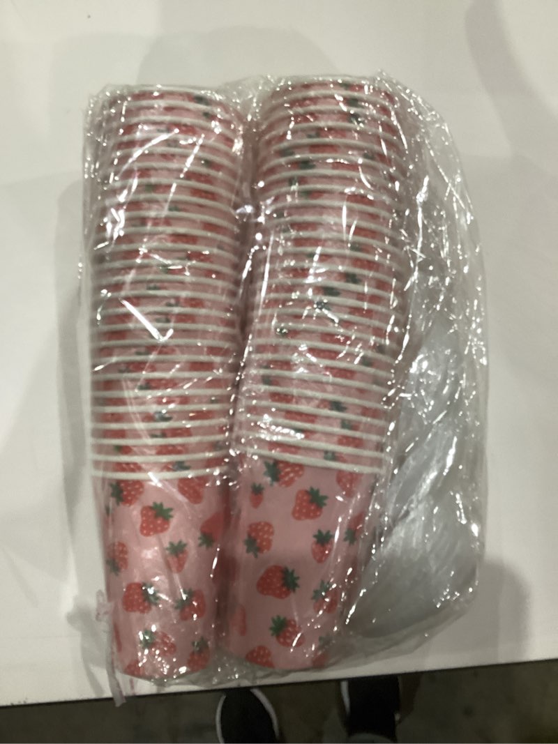 Condition photo showing As Is for 50 Sets Strawberry Paper Cups with Paper Straws Plastic Lids 12OZ Disposable Coffee Tea Cups for Girls Fruit Birthday Party Juice Drink Beverage Bar Supplies