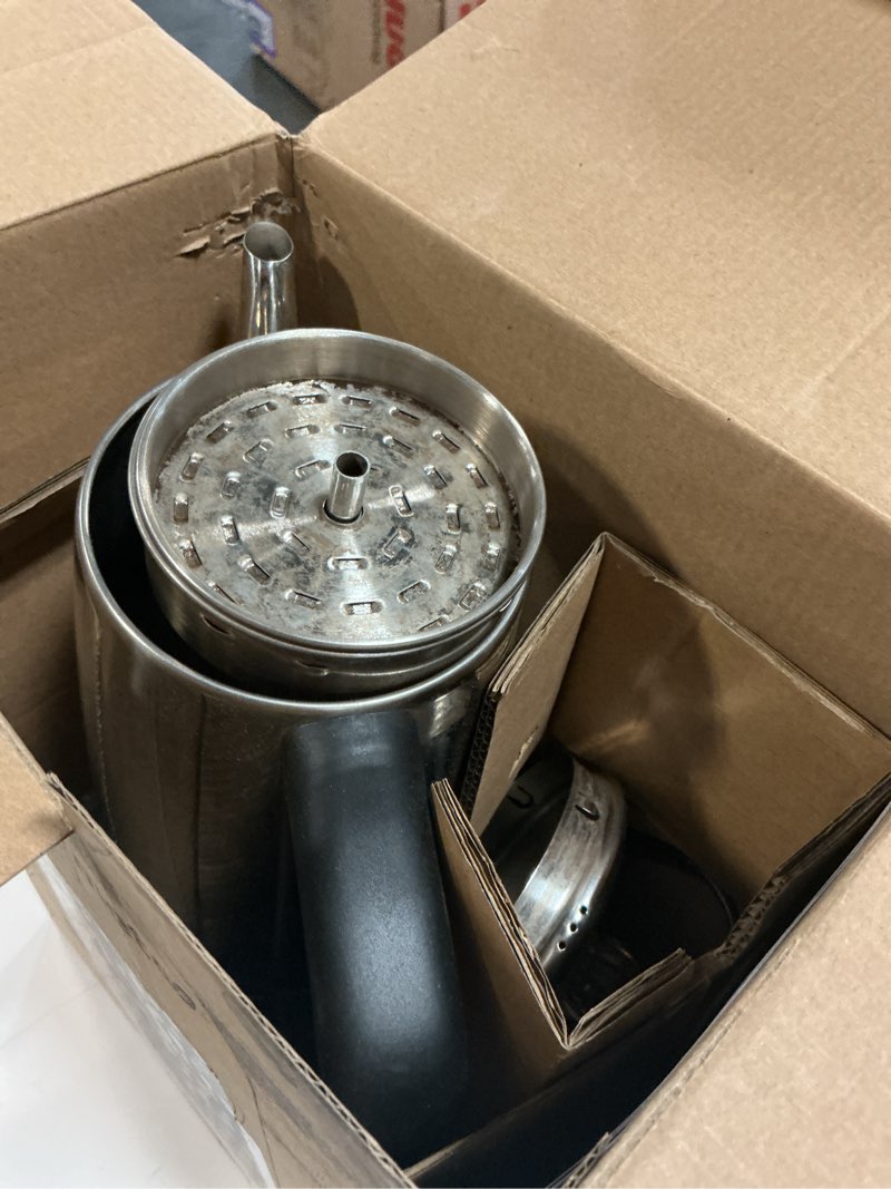 Condition photo showing As Is for elite gourmet 12-cup electric coffee percolator, dishwasher safe stainless-steel filter, lid & tube, keep warm, 360° swivel base cord-less serving, stainless-steel