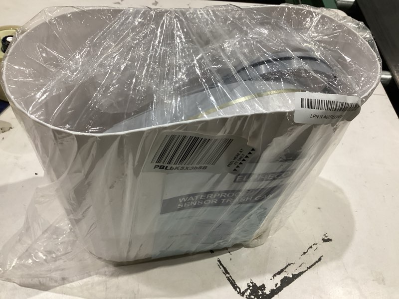 Condition photo showing Good Condition for ELPHECO Bathroom Trash Can with lid 2.5 Gallon Waterproof Motion Sensor Wastebasket, Automatic Trash Bin Bathroom Decor for Bedroom and Office White with Golden Trim Gold 2.5 Gallon Wave Stripes