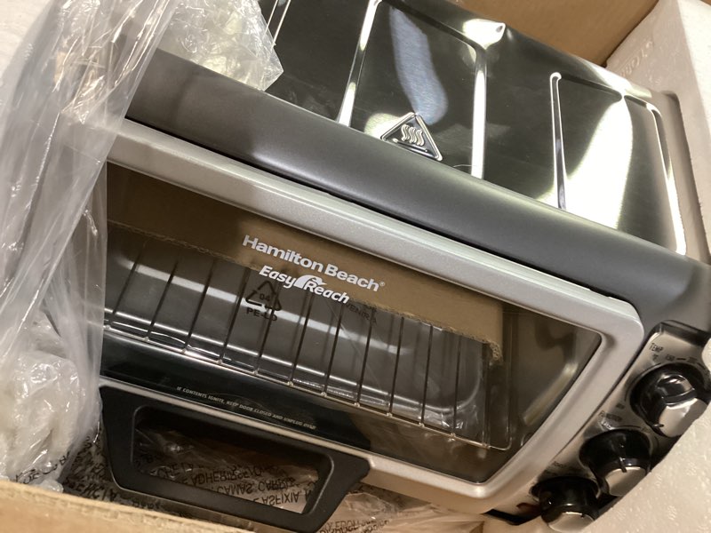 Condition photo showing Good Condition for Hamilton Beach Air Fryer Toaster Oven Combo with Large Capacity, Fits 6 Slices or 12” Pizza, 4 Cooking Functions for Convection, Bake, Broil, Roll-Top Door, Easy Reach Sure-Crisp, Stainless Steel