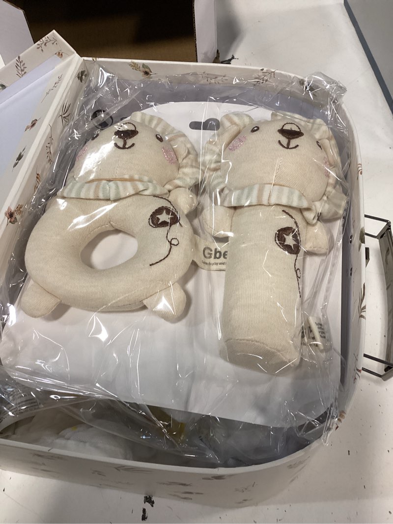 Condition photo showing New/Like New for golray 9pcs newborn baby gift baskets for boys girls baby shower, 2 rattle/seat hang toy/blanket/bodysuit/bib/ 3d socks/wood milestone/carry box, neutral new born essential stuff unisex baby gifts boy