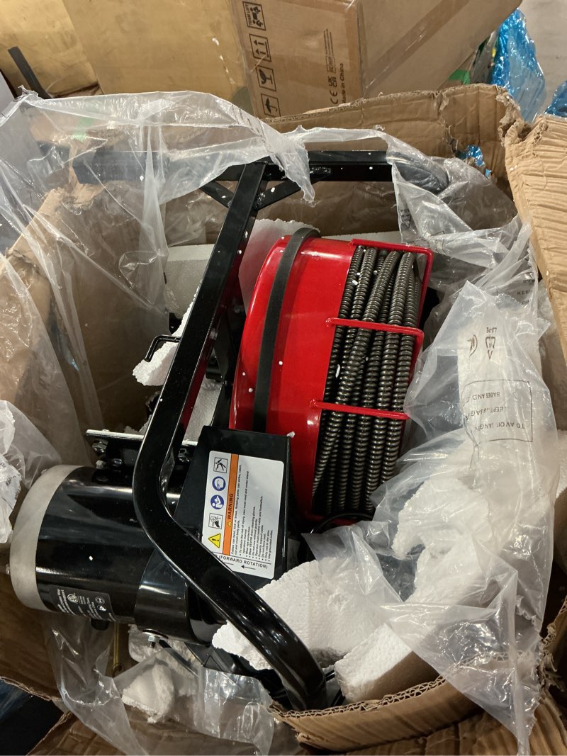 Condition photo showing As Is for vevor drain cleaner machine 75 ft x 1/2 inch sewer snake auger manual feed | efficient clog clearing for 2" to 6" pipes, solid core steel cable, with 4 cutters & air-activated foot switch
