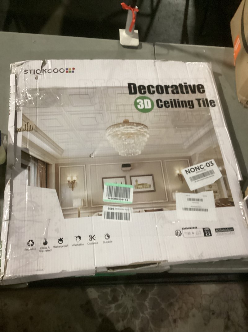 Condition photo showing As Is for stickgoo drop ceiling tiles 24"x24", pvc panels plastic ceiling tiles waterproof reusable, covers 48 sq.ft., baroque decorative tiles for home & commercial use (pack of 12, white)