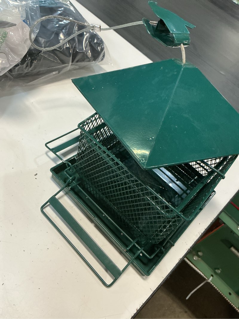 Condition photo showing As Is for bird feeders for outdoors, 6.5lb large capacity, heavy duty metal bird feeder, supports cardinal, finch, blue jay and wild birds(green)