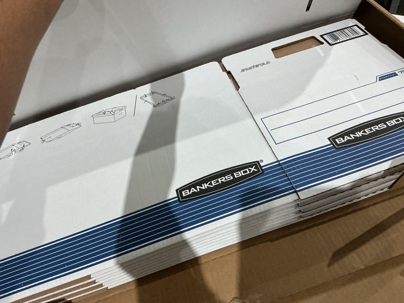 Condition photo showing Good Condition for bankers box 4-pack medium-duty file storage boxes, 24in letter, fastfold | speed through filing with fastfold setup, sturdy stacking, reinforced handles, and dependable document protection.
