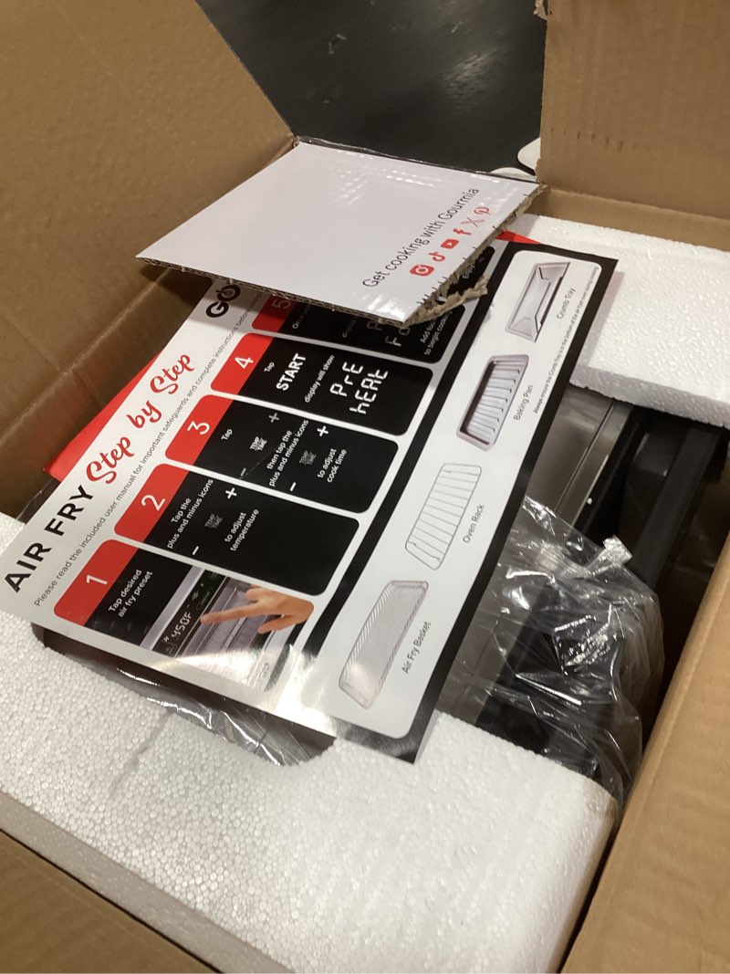 Condition photo showing Good Condition for gourmia toaster oven digital air fryer - convection mode with 4 slice capacity, 3 rack positions, 12 presets, toast, bagel, bake, roast, broil, dehydrate, popcorn, fits 9" pizza, stainless steel large silver