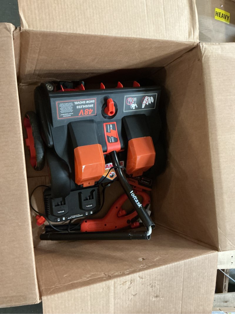 Condition photo showing As Is for VOLTASK Cordless Snow Shovel with Wheels, 48V | 16-Inch | 4-Ah Brushless Cordless Snow Blower, Battery Snow Blower with Directional Plate & LED Lights (2 * 24V Battery & Dual Quick Charger Included)