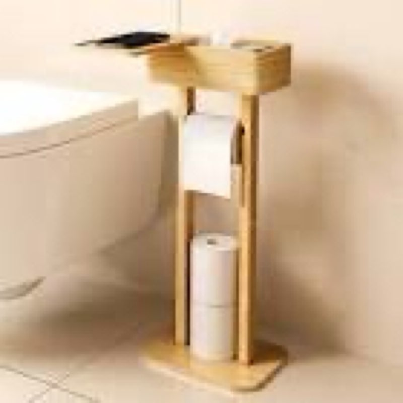 Freestanding Bathroom Toilet Paper Holder Stand with Shelf, Bamboo Toilet Paper Roll Holder with Wet