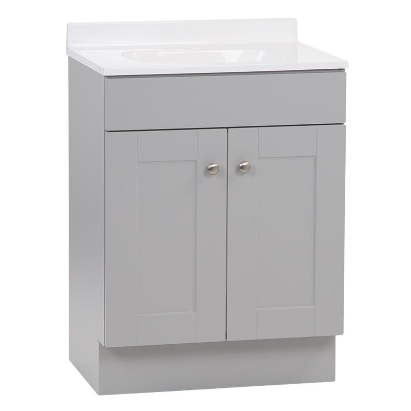 (sink is broken)  project source dover 24-in light gray single sink bathroom vanity with white cultured marble top (fully assembled) 