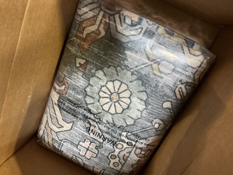 Condition photo showing Good Condition for RUGSURE Washable Area Rugs - Perfect for Living Room, Bedroom, Kids Room, Nursery - Stain & Water Resistant Non-Slip, Pet & Child Friendly, Vintage Tribal Area Rugs (Turmeric and Grey, 8' x 10') Turmeric and Grey 8' x 10' (Rectangular)