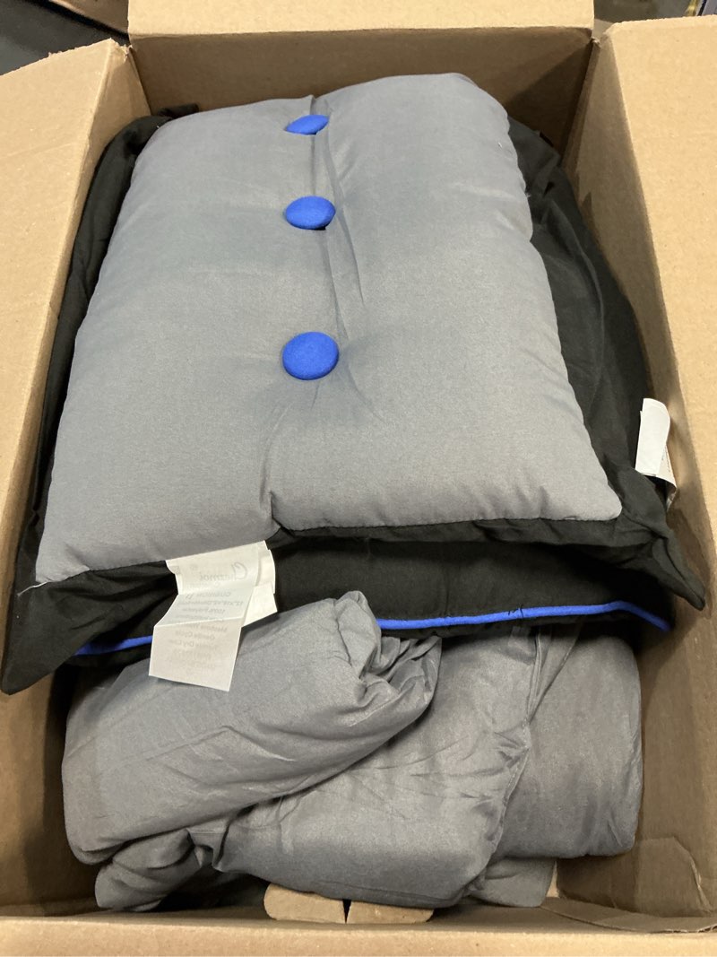 Condition photo showing Good Condition for chezmoi collection loft 8-piece california king comforter set, gray/blue/black luxury striped bedding for all season california king gray/blue/black