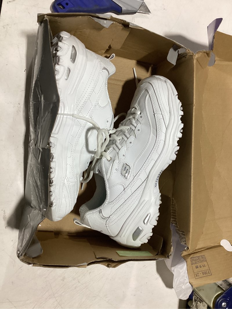 Condition photo showing As Is for skechers women's d'lites fresh start memory foam lace-up sneaker fashion 8 x-wide white/silver