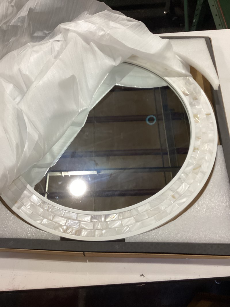 Condition photo showing New/Like New for Tanmicoshomy Round Wall Mirror 24Inch,Circle Mosaic Mirror with Natural Mother of Pearl and Wood Frame, Hanging Decorative Wall Mirror for Bathroom Bedroom Living Room Entrywayï¼ˆNature Whiteï¼‰