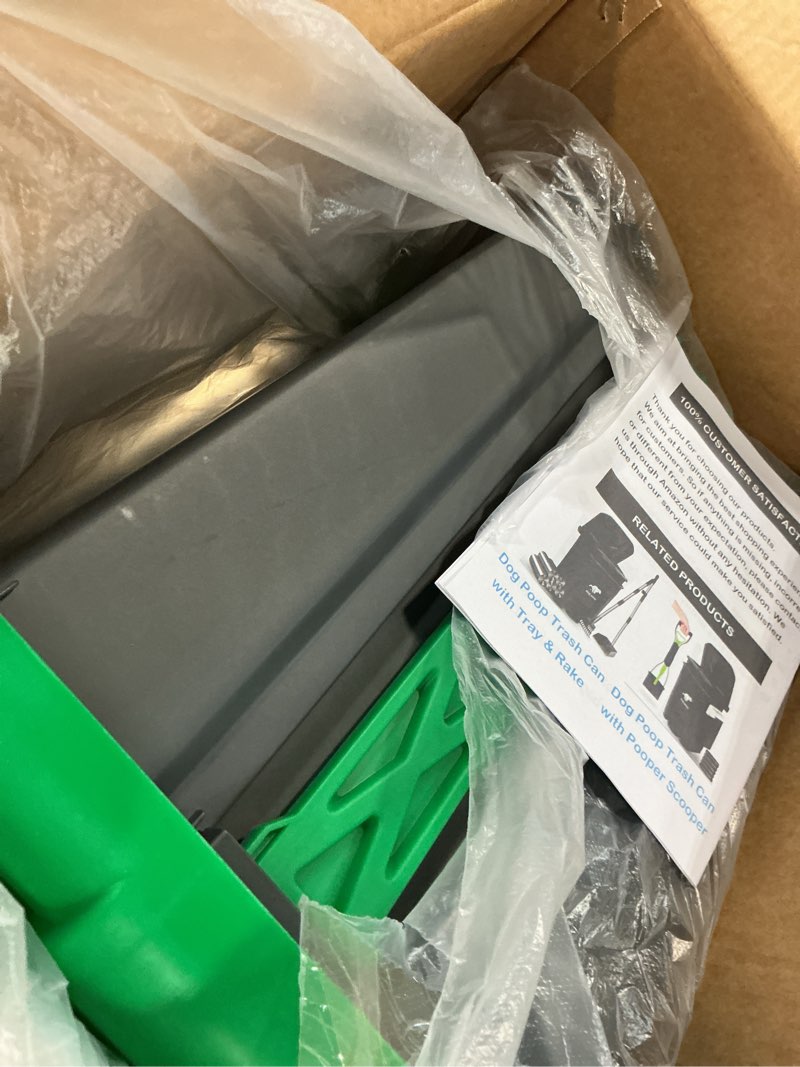 Condition photo showing Good Condition for dog poop trash can outside with pooper scooper and metal rake & tray, 20l/5gal dog waste trash can with lid, pedal and removable inner waste bin, pet poop bin with 100 bags, green