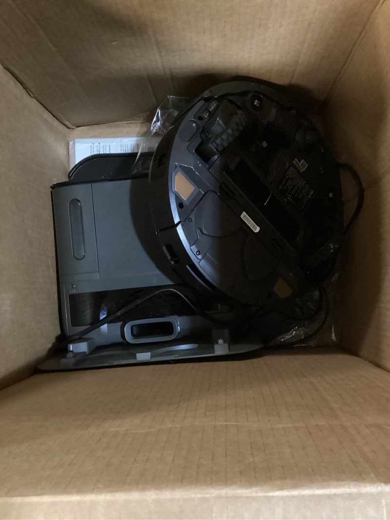 Condition photo showing As Is for shark robot vacuum & mop combo, powerdetect nevertouch pro, self-emptying, self-refill with self-clean pad wash & dry, 60-day debris capacity, 30-day refill tank, 5 powerdetect technologies, rv2820ze self-emply + refill & clean-black