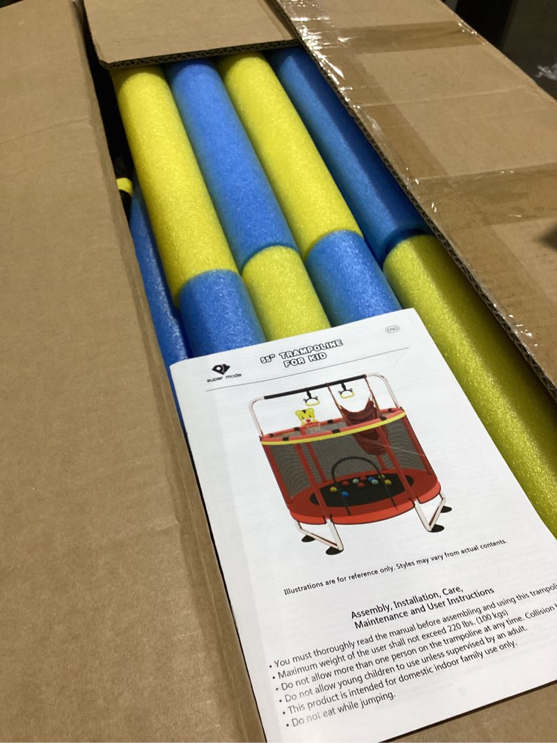 Condition photo showing As Is for 55" indoor & outdoor trampoline for kids with enclosure, toddler trampoline with adjustable gymnastics bar & toys, no-gap safety design blue yellow 55"