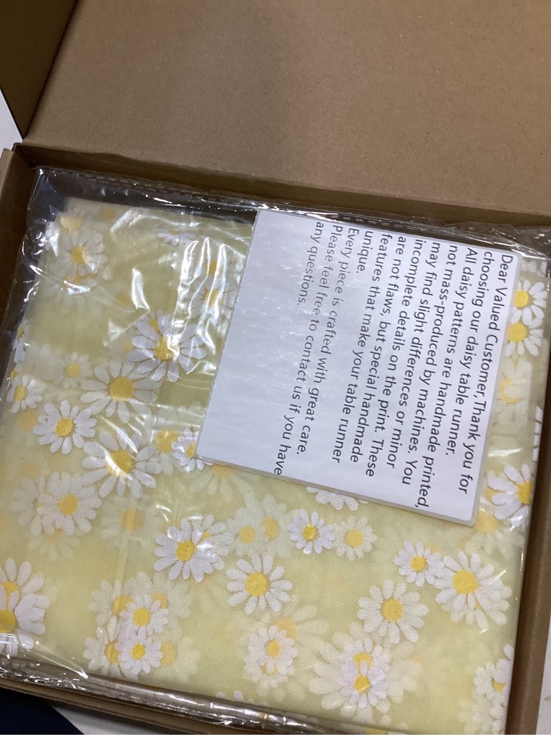 Condition photo showing As Is for 8 pcs yellow daisy table runner 29 x70 inch yellow tulle lace table cloth florals seasonal sheer dining cover for daisy retro boho birthday baby shower wedding holiday party home kitchen decor daisy yellow