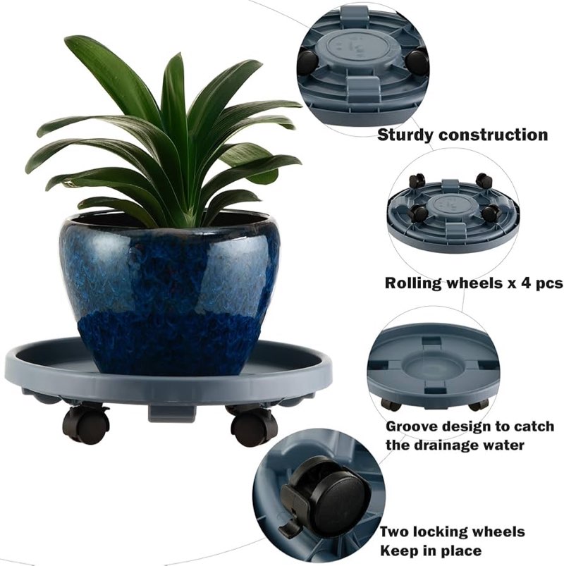 5 Pakcs Large Plant Caddy with Wheels 15.8" Rolling Plant Stands Heavy-duty Plastic Plant Roller Bas
