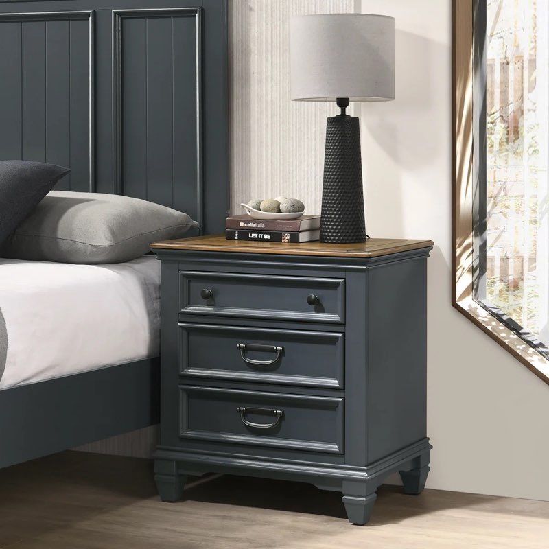 Semaj Wood Distressed Bedroom Set with Panel King Bed, Dresser, Mirror, 2 Nightstands, Chest Color: Blue