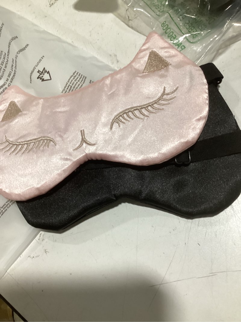 Condition photo showing Good Condition for cute cat sleep mask for kids, 2 pack silk sleeping eye cover adjustable mask night eyeshade cover for girls boys women men sleep travel nap party supplies pink&black