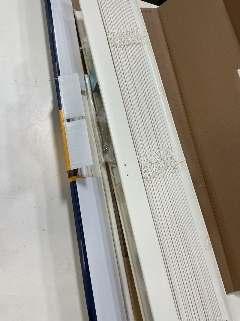 Condition photo showing As Is for levolor trim+go 2-in slat width 35-in x 48-in cordless white faux wood room darkening horizontal blinds