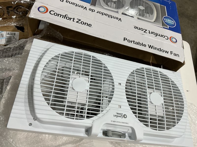 Condition photo showing Good Condition for comfort zone twin window fan with reversible airflow control, 9 inch, auto-locking expanders, 2 speed fan, dual fan, exhaust, airflow 9.84 ft/sec, ideal for home, kitchen, bedroom & office, cz319wt white 9"