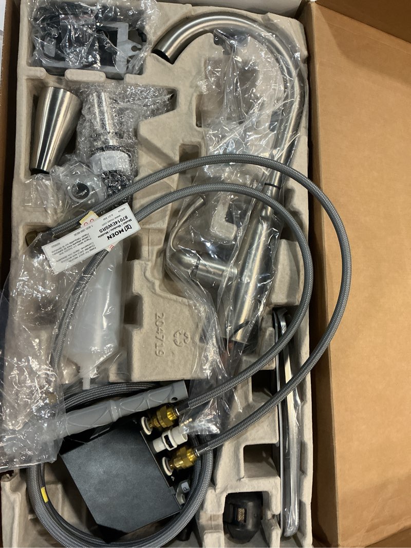 Condition photo showing New/Like New for moen essie spot resist stainless touchless one-handle kitchen faucet, motion activated pull down kitchen sink faucet with soap dispenser, 87014ewsrs