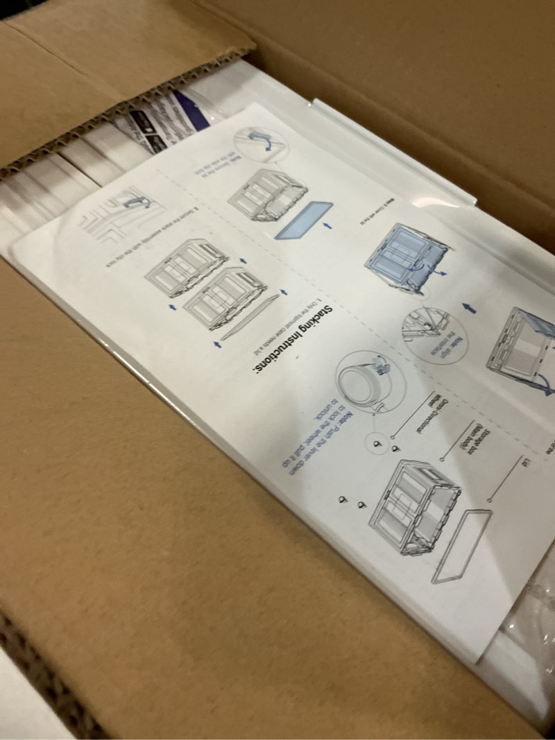 Condition photo showing New/Like New for OlarHike 144QT Lockable Storage Bins with Lids - Folding Storage box with Doors and Wheels, Collapsible Plastic Bins for Closets, Stackable Organizer and Containers, Gifts, 3 Pack Cubes 48QT-White 3Pack