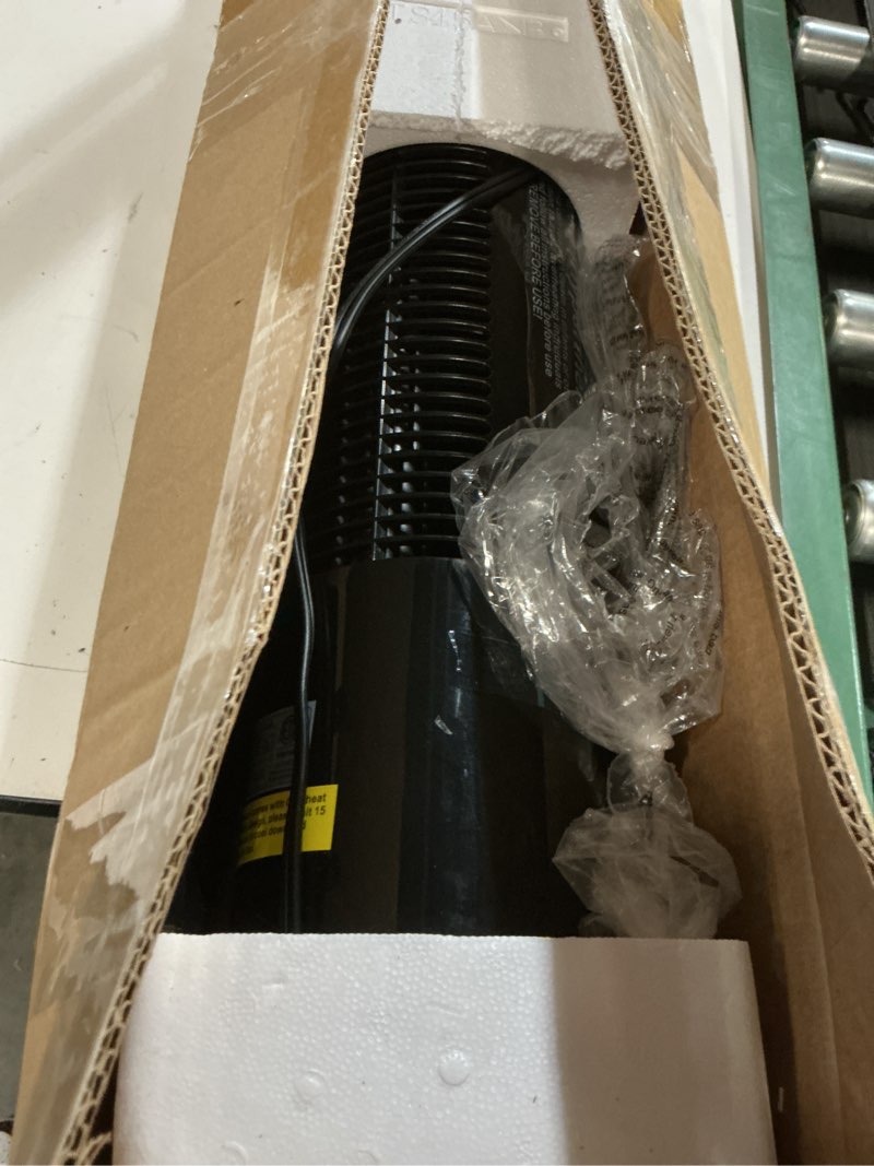 Condition photo showing As Is for space heater, 34" space heater for large room with remote, 1500w tower heater with 12h timer, 70° oscillating, adjustable thermostat, overheating & tip-over protection, indoor use, black