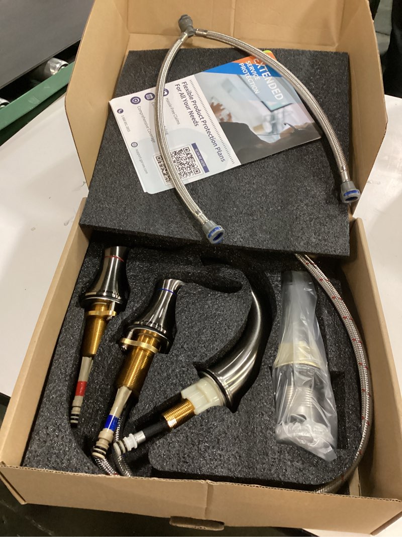 Condition photo showing New/Like New for Bathroom Sink Faucet, Faucet for Bathroom Sink, Widespread Brushed Nickel Bathroom Faucet 3 Hole with Stainless Steel Pop Up Drain and cUPC Lead-Free Hose - (Brushed Nickel) Brushed Nickel 8 Inch 1 Pack