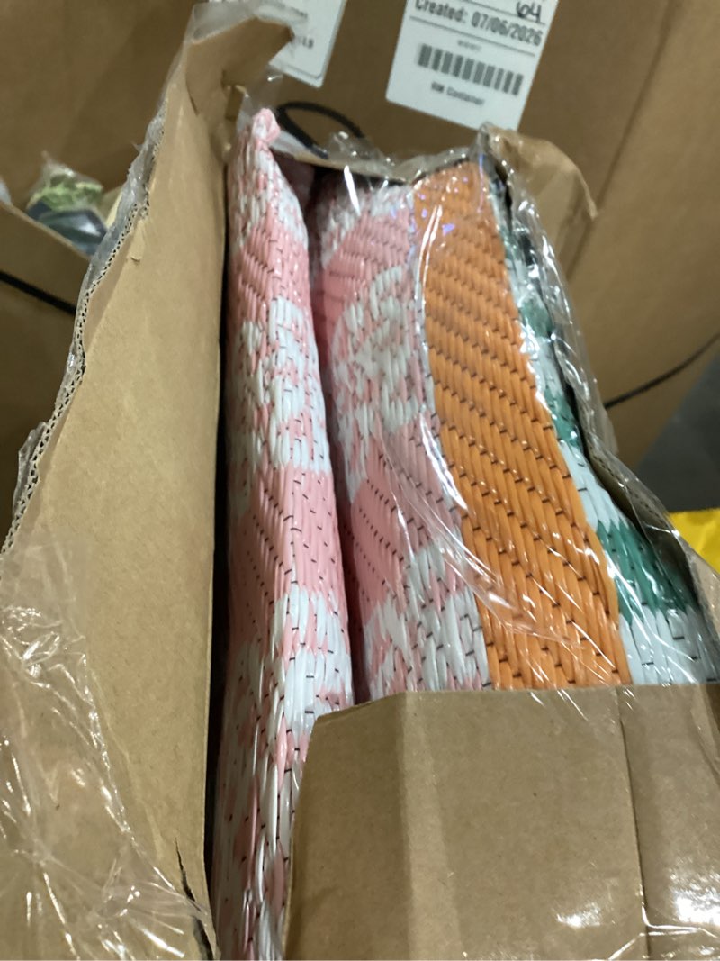 Condition photo showing Good Condition for waterproof outdoor rug 8x10, modern striped geometric reversible plastic straw patio camping rugs, outdoor indoor rv mat carpet for patio, backyard, deck, bench, picnic, camper?orange/green striped - orange/green/multi 8' x 10' (rectangular)