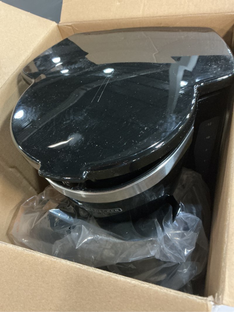 Condition photo showing As Is for black+decker 12-cup digital coffee maker, programmable, washable basket filter, sneak-a-cup, auto brew, water window, keep hot plate, black