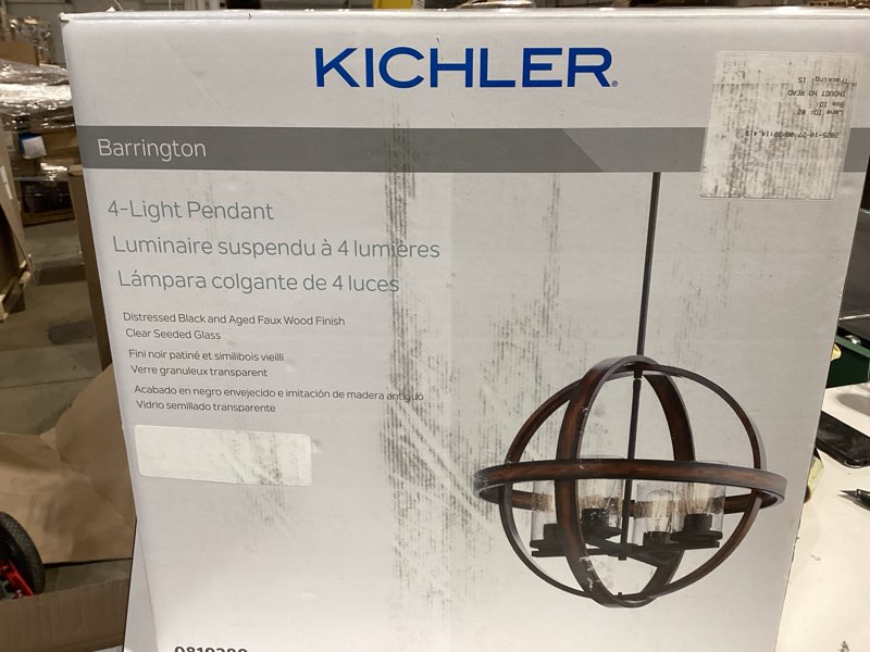 Condition photo showing New/Like New for  kichler barrington 4 -light distressed black and wood tone farmhouse seeded glass globe