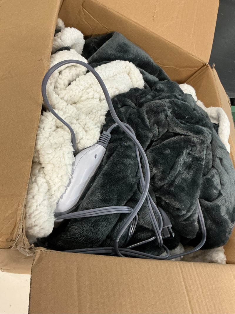 Condition photo showing As Is for westinghouse electric snuggle throw blankets with foot pocket, wearable heated blanket with sleeves, 6 heating levels & 2 to 10 hours heating time settings, 50 * 70"+18", grey 70*50" heated snuggle blanket grey&ivory