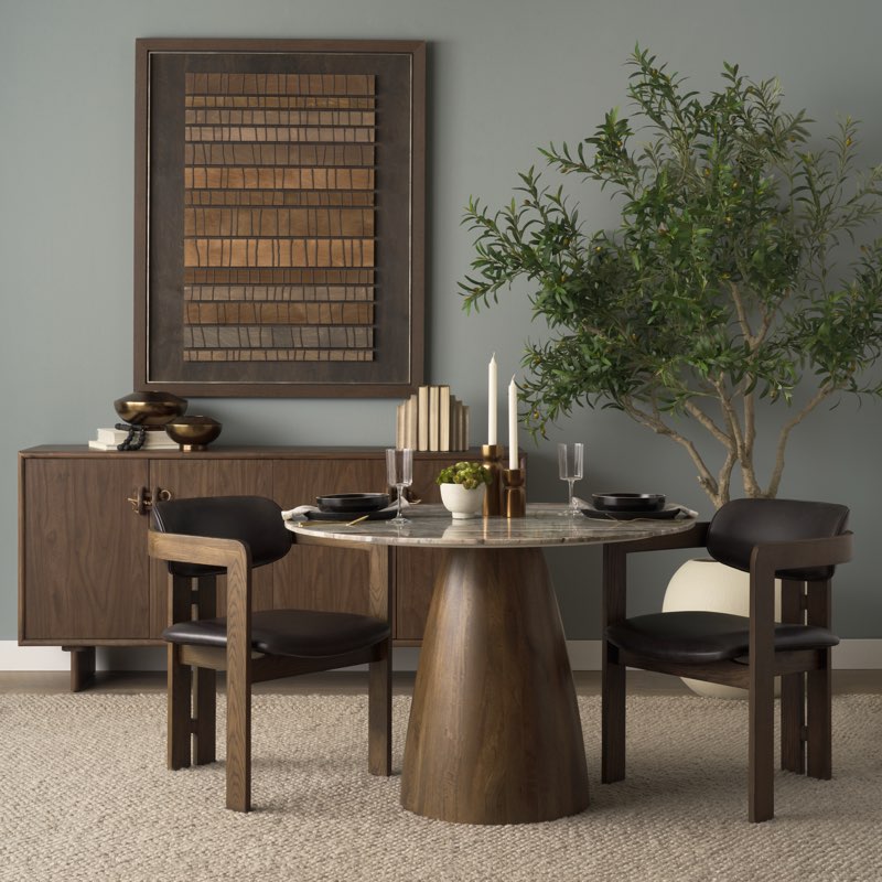INCOMPLETE ONLY BOX 2.. Allyson Round Brown Wood Pedestal w/Savar Pink Marble Top Dining Table