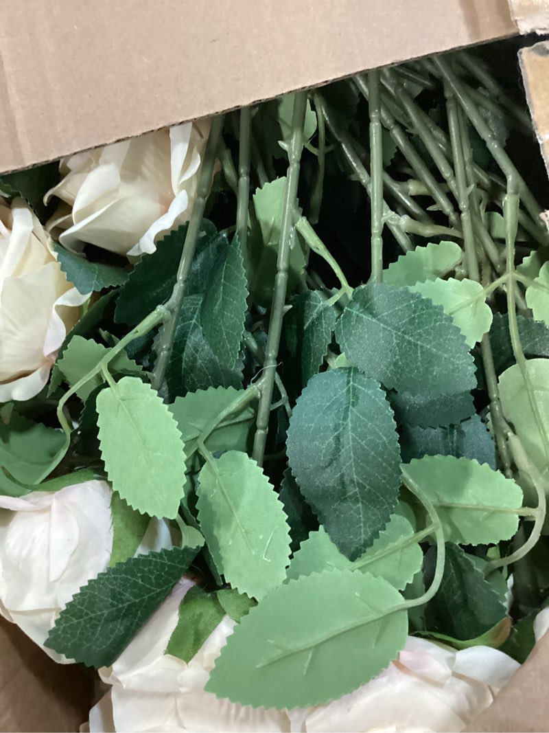 Condition photo showing As Is for 100 pcs fake champagne roses, artificial champagne flowers bulk realistic silk faux rose with stems for wedding decoration anniversary bridal bouquet diy floral arrangement romantic home decor gifts champagne 100 pcs