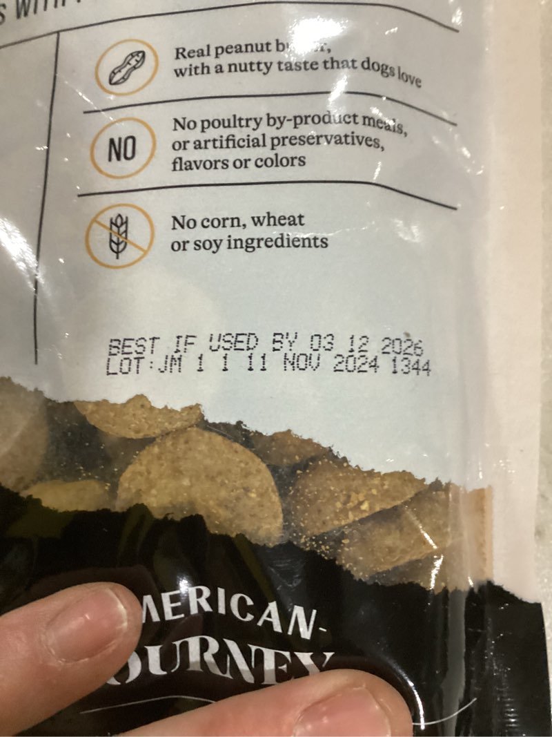 Condition photo showing New/Like New for American Journey Peanut Butter Recipe Grain-Free Oven Baked Crunchy Biscuit Dog Treats