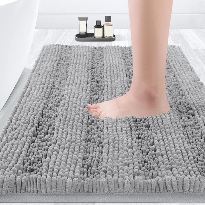 accumtek striped light grey bathroom rug mat 32"x20" ultra soft, non slip chenille bath rugs, absorbent plush shaggy bath mats for bathroom, bedroom, kitchen, shower, tub,light gray